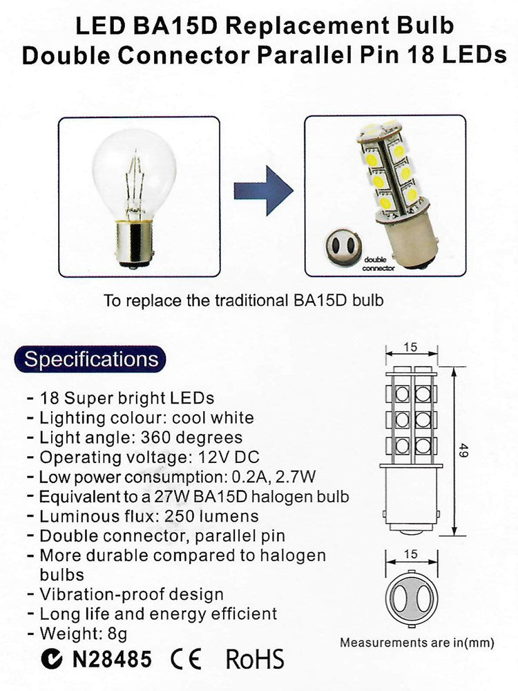 LED BA15D REPLACEMENT BULB COOL WHITE