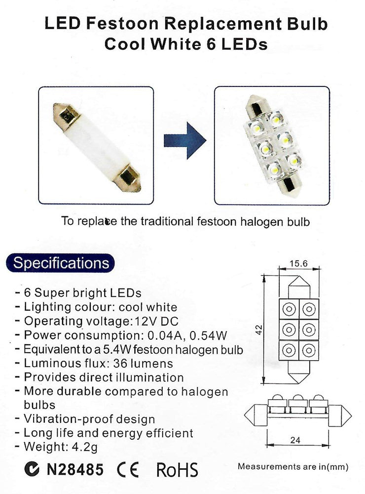 LED 42mm FESTOON REPLACEMENT BULB COOL WHITE