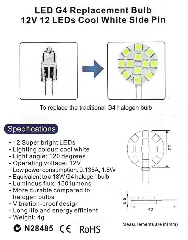 LED G4 REPLACEMENT BULB 12SMD SIDE PIN COOL WHITE