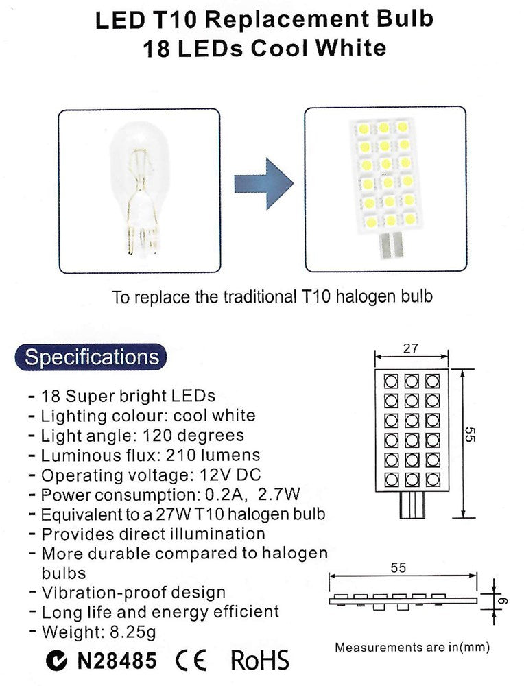 LED T10 REPLACEMENT BULB 18SMD COOL WHITE