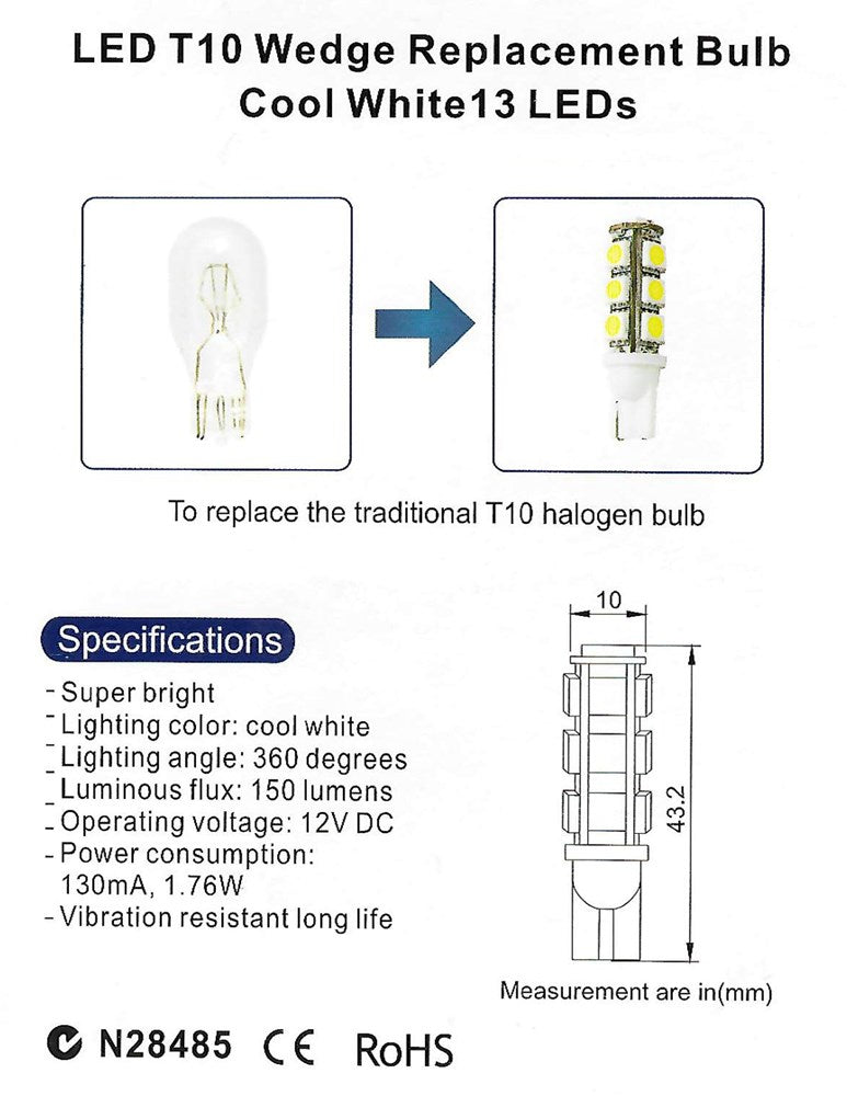 LED T10 WEDGE REPLACEMENT BULB 13SMD