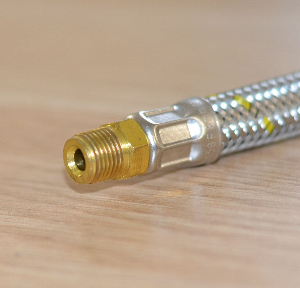 GAS PIGTAIL 600mm x 8mm ID BRAIDED POL HAND x 1/4 INV FL